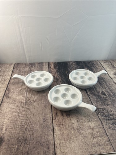 3 Porcelain White 6 Well Escargot Snail Dishes w/ Side Handles SUR LA TABLE ..