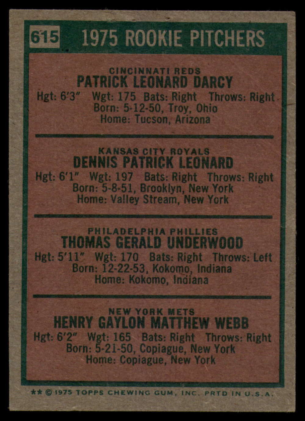 1975 Topps 615 Pat Darcy/Dennis Leonard/Tom Underwood/Hank b Signe