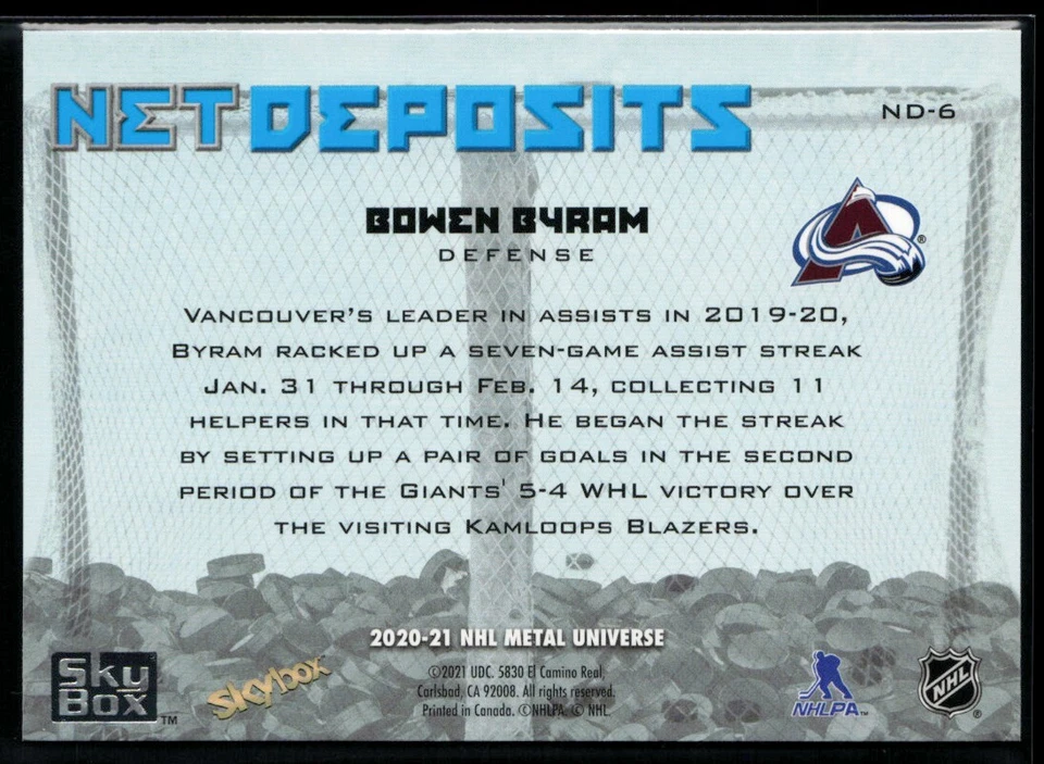 2020-21 Skybox Metal Universe Net Deposits Bowen Byram #ND-6 - Image 2 of 2