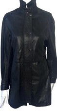Ladies Barbour Black Real Leather Zip Popper Mid Length Jacket Size Uk 10