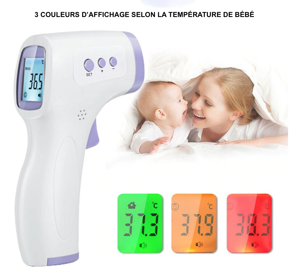 Thermomètre frontal infrarouge sans contact ultra rapide avec écran LCD trois couleurs