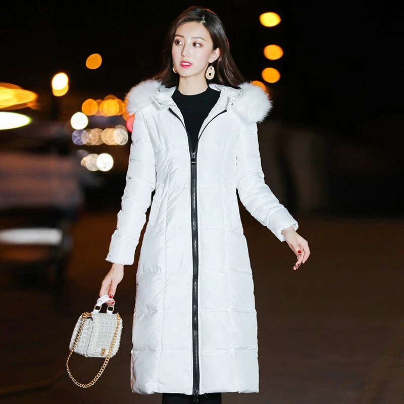 Women's Long Quilted Down Warm Jacket Winter Hooded Puffer Fur Collar Parka Coat - Image 3 of 4