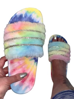 Faux Fur Crystal Slippers Rainbow Fur Bling Slides Sandals Rhinestone Open  Toe - Main Image