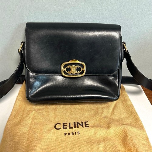 CELINE Black Leather Gold Hardware Vintage Shoulder Bag Dust Bag Authentic