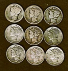 1916 thru 1945-d Winged Mercury Head dime  9 coins .900 silver , Good thru E.F.