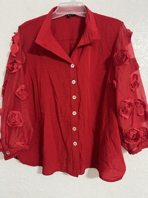 John Mark Red  Rose Relief 3/4 Sleeve Button Down Top Size PL  # 536