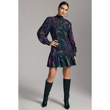 Farm Rio Size Large L Amazonia Night Smocked Mock Neck Long Sleeve Mini Dress