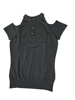 Boston Proper Form Fitted Blouse Size XS Black Shoulder Cutouts Short Sleeve Top