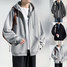 Men Hooded Sweatshirt Solid Casual Outerwear Loose Zipper Cardigan Hoodie Coat