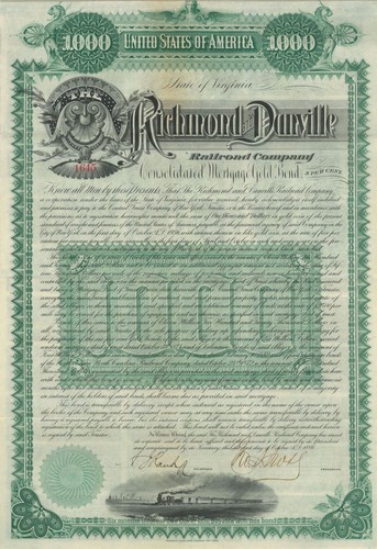 Richmond and Danville Railroad - LAST ONE - 1886 dated Virginia Railway Gold Bon - 第 1/1 張圖片