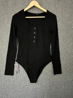 Queen.M Black Scoop Neck Bodysuit Shirt for Women Button Down M