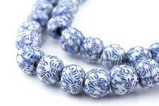 Blue  White Fused Recycled Glass Beads 14mm Ghana African Round Large Hole