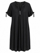 Black Eyelet Short-Sleeve Dress With Button Front & Tie Detail Size M