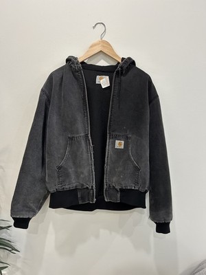 Vintage 90s Carhartt JR105 Faded Black Canvas Hooded Active Jacket Size XL
