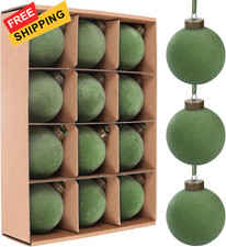 12 Pcs Velvet Christmas Balls Bulk Shatterproof Plastic 3.15Inch, Green