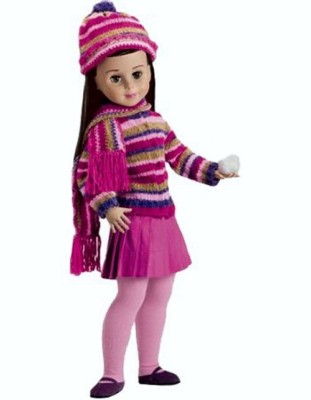 Betsy's dressed in a cheery chenille sweater, matching scarf and hat