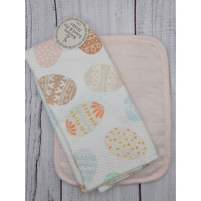 Spring Easter tea towel pot holder set eggs pink blue 18'' kitchen accessories