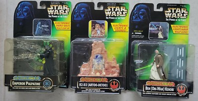 3X STAR WARS ELECTRONIC POWER FX R2D2 EMPEROR KENOBI ACTION FIGURES KENNER! r50