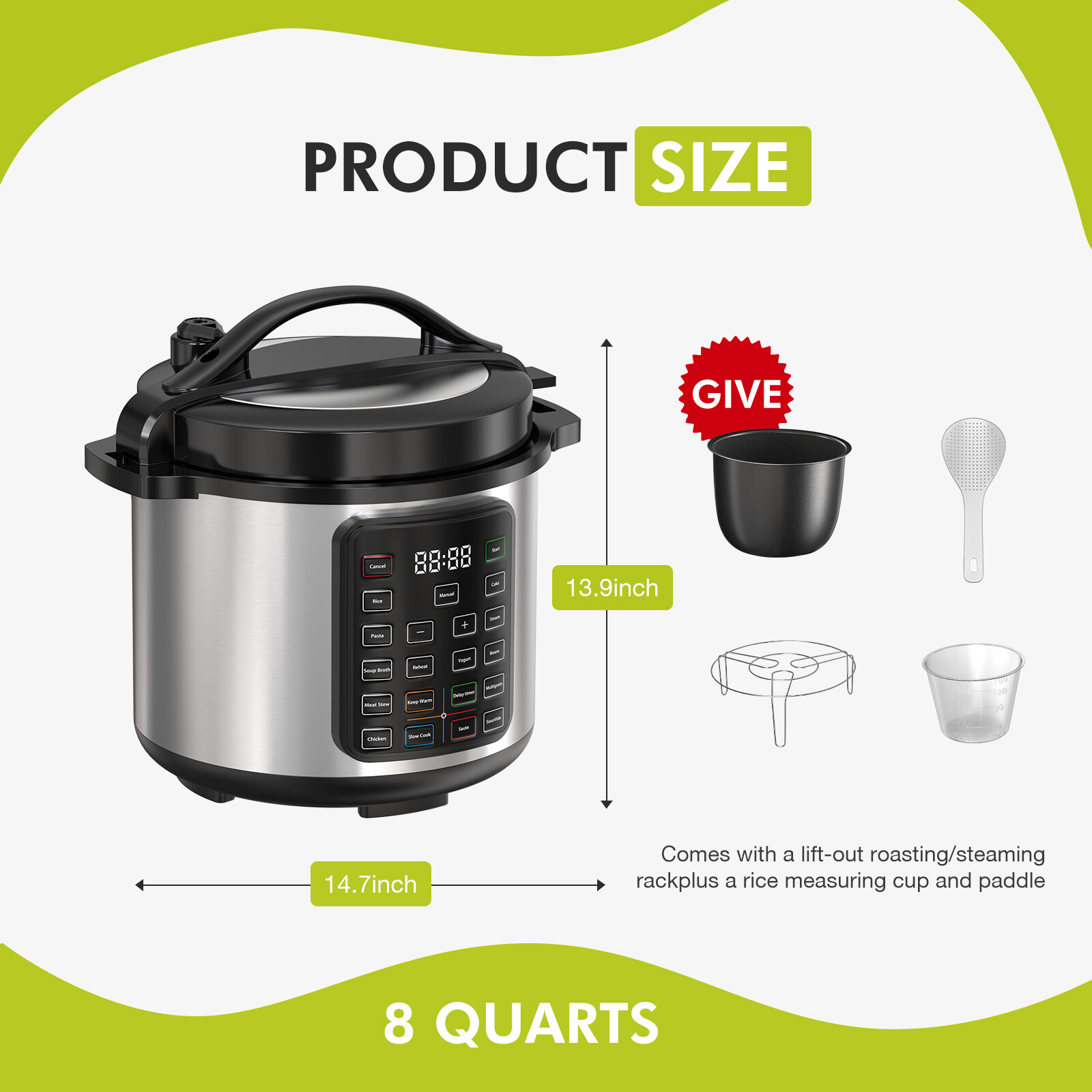 6 QT/8 QT Electric Pressure Cooker 16-in-1 Cooker for Rice Cooker, Soup Maker