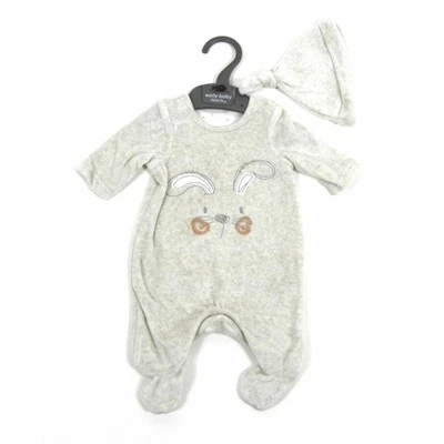 Ex Mothercare Baby Jungen beige Häschen Kaninchen All-in-One Schlafanzug & Mütze 3/6 Monate