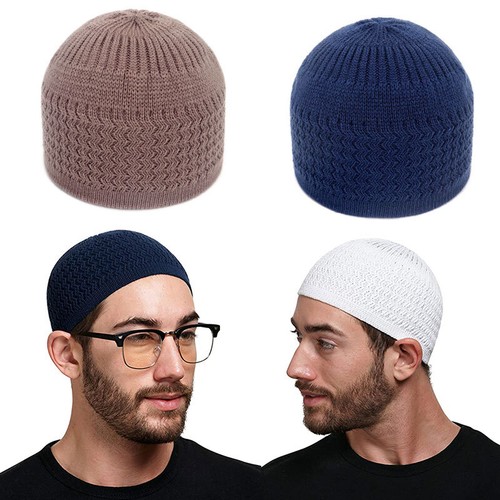 1PC Men Muslim Topic Hat Islamic Prayer Cap Knitted Skull Cap Solid Prayer Hat_voghion.com