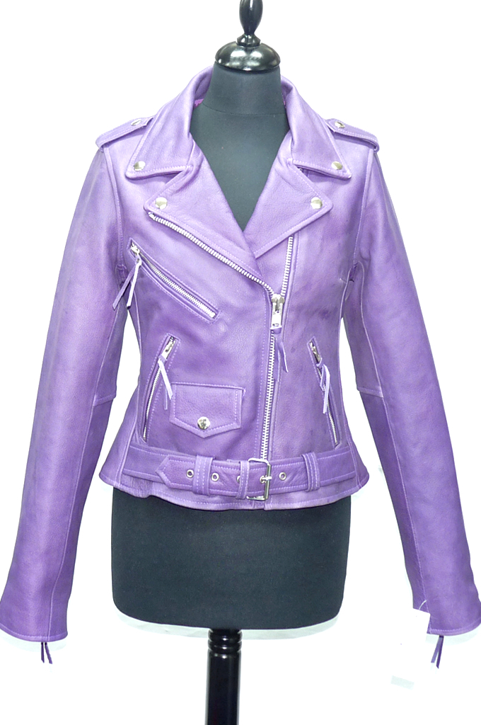Ladies ANGEL Purple Washed Lambskin Designer Zipped Rock Real Leather Jacket