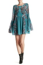 FREE PEOPLE S Symphony Tunic Mini Dress Jace Turquoise Paisley Bell Sleeve Boho
