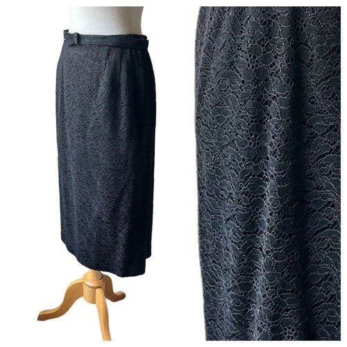 Vintage 1950s  Black Lace Lined Midi Pencil Skirt with Belt - Bild 4 von 10