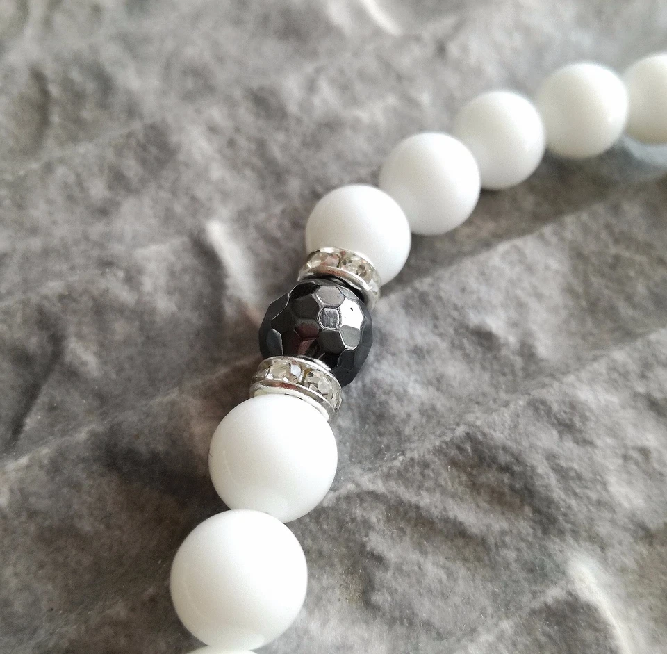 Damenkette Weiße Onyx glanz perlen Kreuz Hämatit Halskette Weisse Rosenkranz - Bild 4 von 4