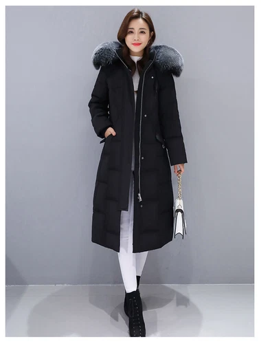 Winter Down Cotton Jacket Long Slim Fit Big Fur Collar Womens Hooded Warm Jacket - Bild 14 von 19