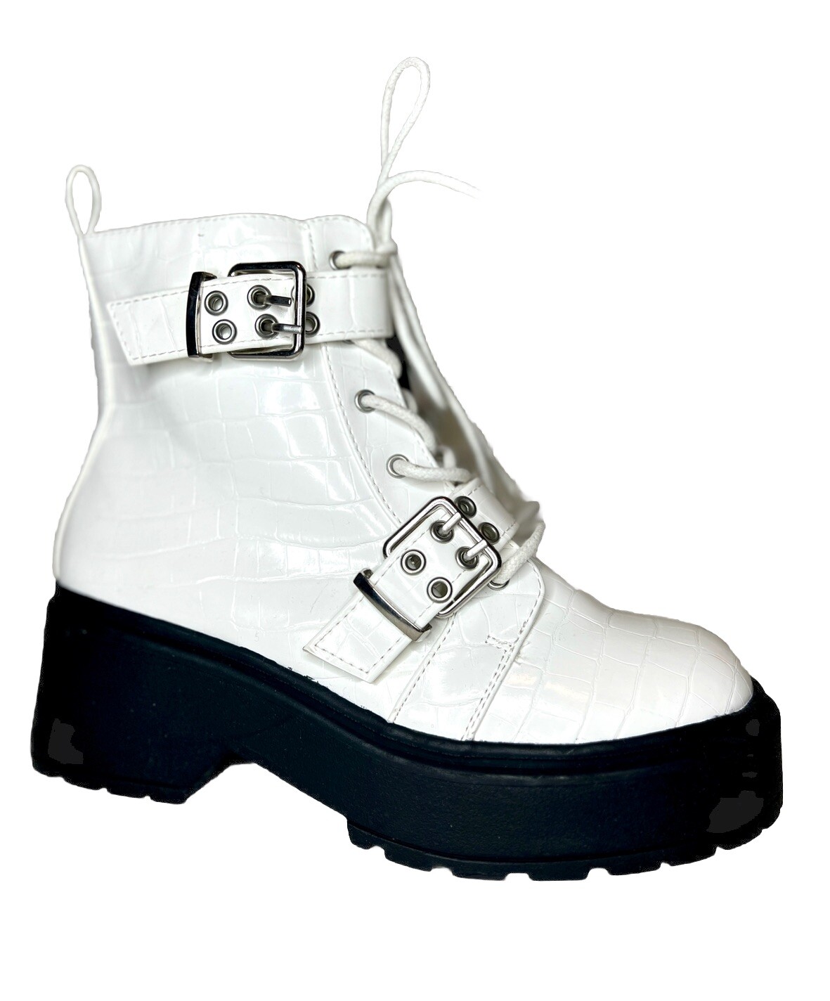 SAOLA Stivaletti stringati bianchi ecopelle coccodrillo suola punk plateau fibbia misura 5 5