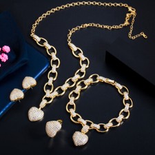 Gold Plated CZ Heart Drop Wedding Necklace Earrings Bracelet Ring Jewelry Set