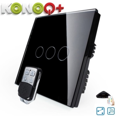 KONOQ Glas Touch LED Lichtschalter: SCHWARZ WIFI über BROADLINK ON/OFF 3GANG/2WAY