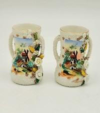 Vintage White Delft Style Bud Vases w/Windmill Pattern and applied Florals 