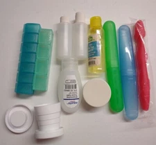 LOT of 11 Adult Travel Toiletries Liquid Containers, Toothbrushes, Pills, Cup