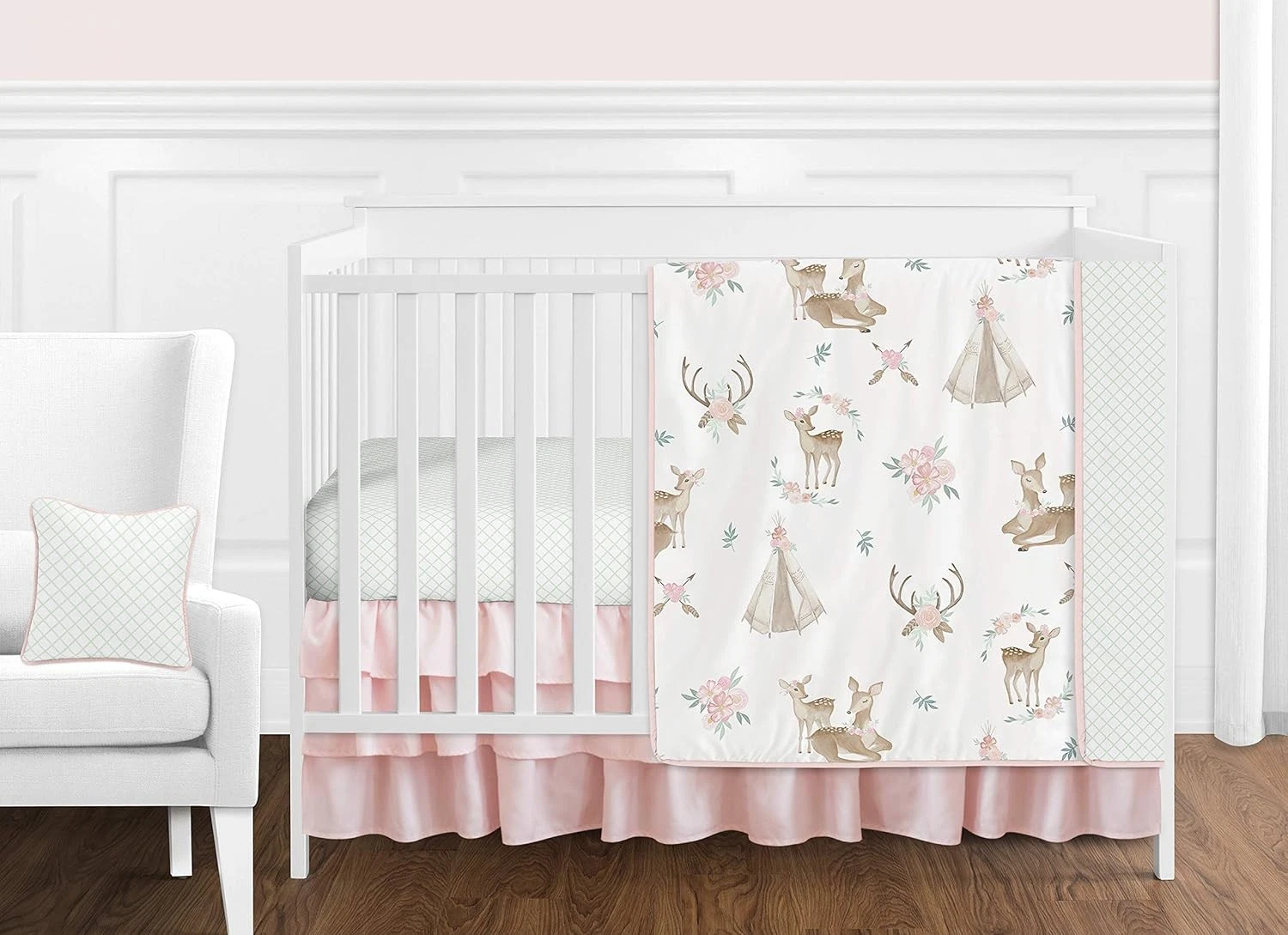 11pcs Boho Watercolor Woodland Deer Floral Baby Girl Crib Bedding Set
