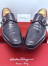 Ferragamo Mens Loafers Monk Strap 9 Black Signature Silver Buckle Luxe Shoes