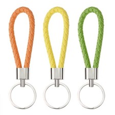 Braided Leather Key Fob Car Keychain Ring Woven Strap 3 Green, Yellow, Orange