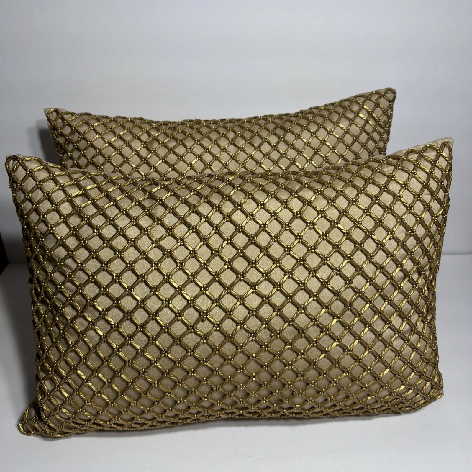 Pier 1 Imports Metallic Gold Lattice Beaded Decorative Lumbar Throw Pillow (2)