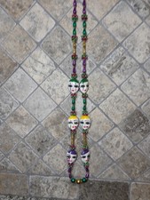 Mardi Gras Acrylic Painted Masks Purple Green Yellow Beaded Vintage Necklace