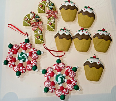 Peppermint Candy Gingerbread Cookies Christmas Ornament  Lot of 10 Clay Dough