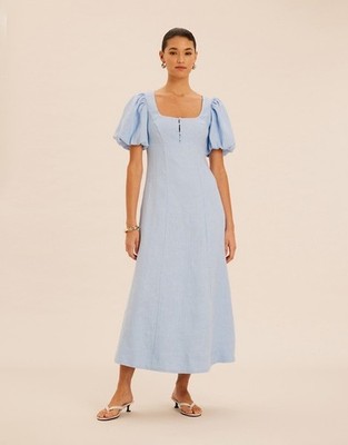 NWT AERE Flora Linen Puff Sleeve Midi Dress | Size: 10 | Baby Blue Square Neck
