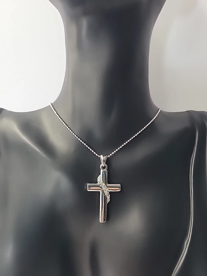 Collar Cadena Colgante Cruz Tono Plata Cristales Blanco Joyería Disfraz Vintage Foto 2 de 4