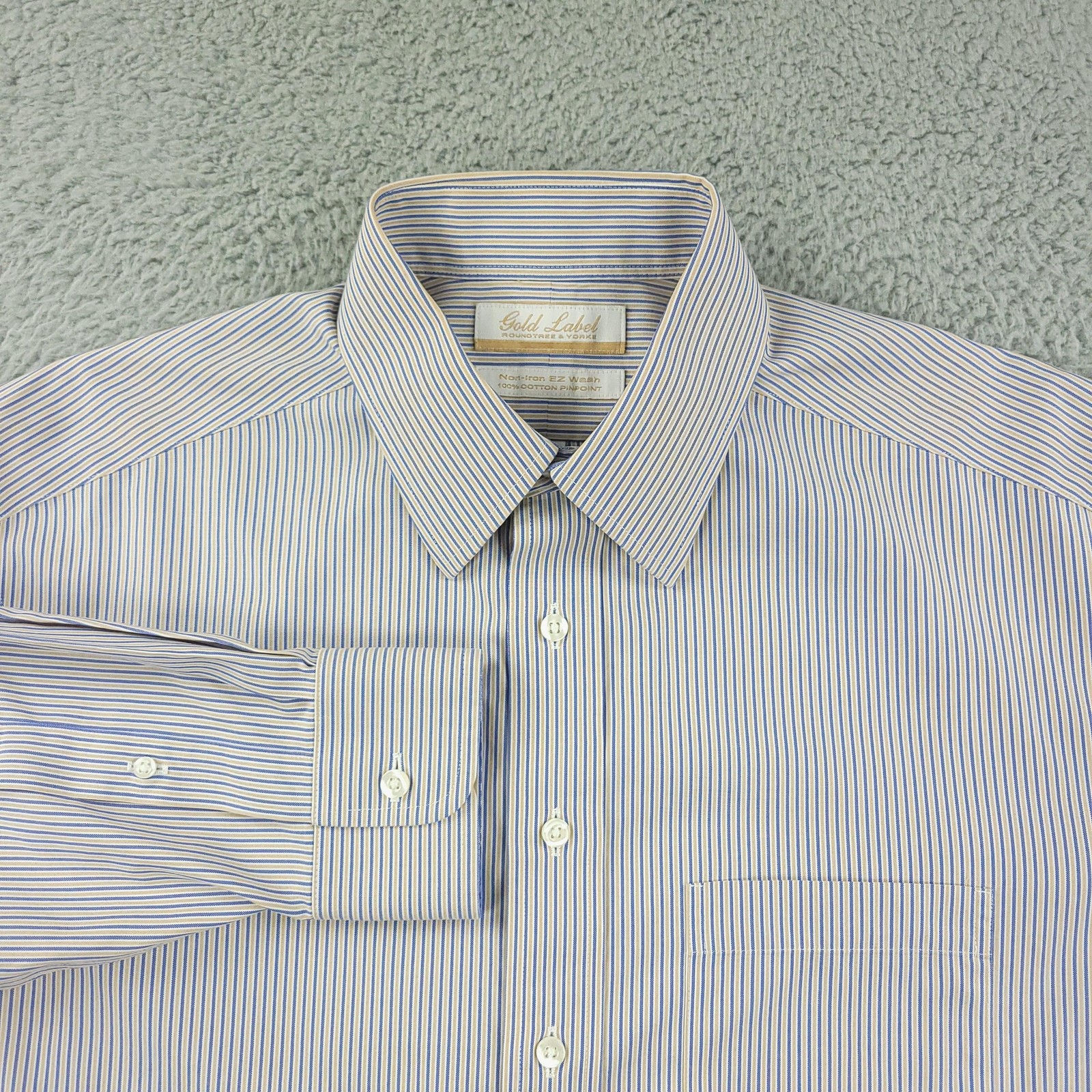 Roundtree & Yorke Gold Label Shirt Mens 15.5 33 Blue Stripe Non Iron Cotton