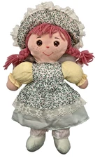 Vintage Holly Mine 1987 Cloth Soft Plush Rag Doll Pink Yarn Hair Bonnet 14"