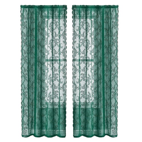 Rideaux en dentelle verte pour salon avec poche tringle et motif décoratif - Picture 6 of 17