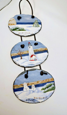 Signed Hand Pained Slate Art Pieces Snowman Lighthouse Wall Hanging Decoration