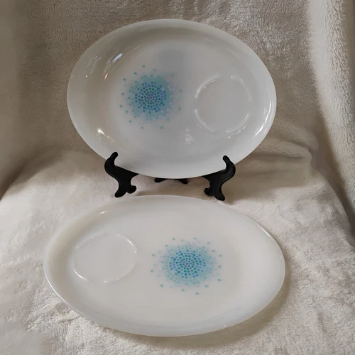 Anchor Hocking Fire King Blue Mosaic Snack Plates Set (2) MCM Vintage Milk Glass