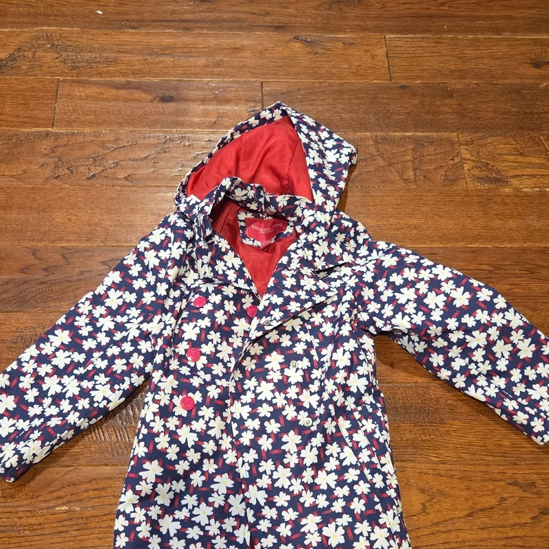 London Fog Girls Hooded Floral Rain Coat Navy White Red Lined Button S/4