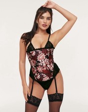 Adore Me Zoie Corset Red/Black Lace Floral Lace-Up Bustier Garter Medium NWT
